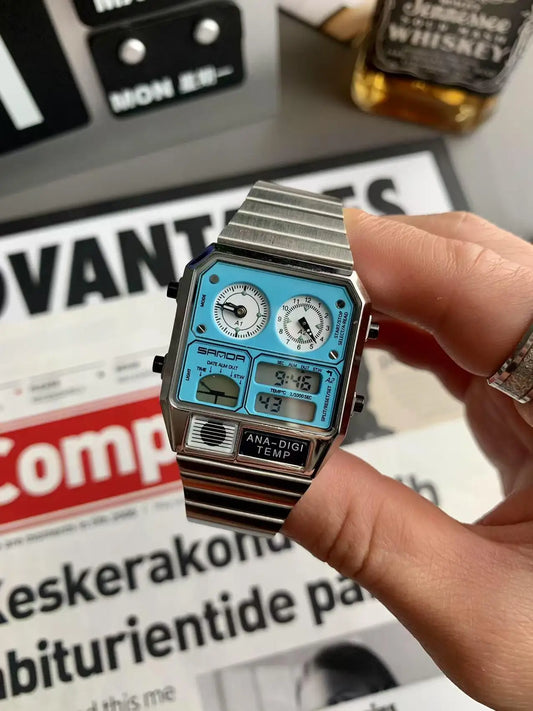 Retro Square Watches Men's Multifunctional Outdoor Sports Ultra-thin Steel Waterproof Alarm Clock Dual Display Electronic Watch
