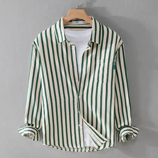 2025 Spring/Summer Men's Square Collar Button Striped Pocket Loose Fashion Casual Versatile Simple Design Long Sleeve Shirt
