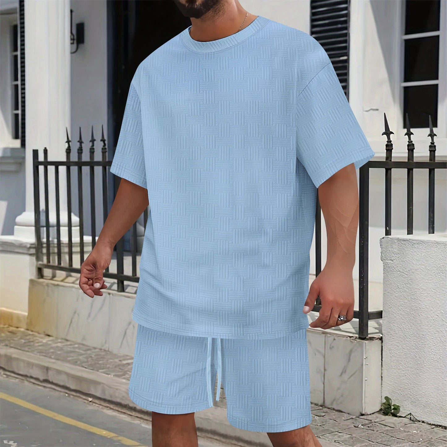 2026 Men's Summer Oversized Textured 2 Piece Set Crew Neck Short Sleeve T-Shirt & Drawstring Shorts Tracksuit