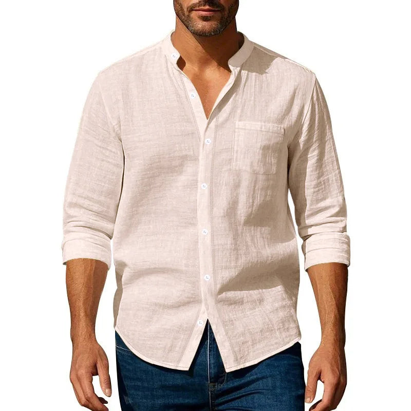 2026 Spring Summer New Mens Slim Fit Solid Color Long Sleeve Shirt Cotton Linen Casual Top Breathable ventilate absorb sweat