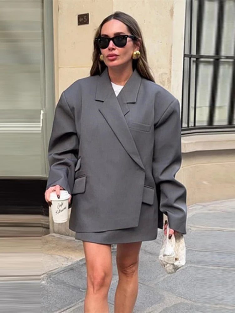 Bomber Jacket Women's Coat Oversized Blazer Lapel Diagonal Placket Asymmetrical Suit Flap Pockets Spring Woman Clothes Loose Top