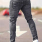 Men's American Retro Hole-Punched Stretch Slim Fit Jeans Zipper Casual Streetwear Denim Pants Classic Black Blue Skinny Trousers