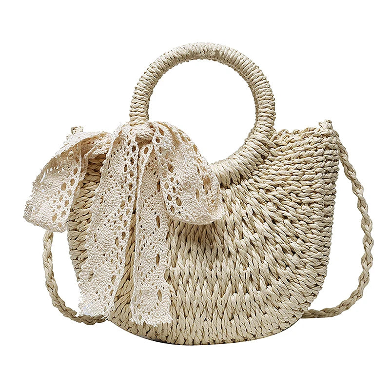 Handmade Half-Round Rattan Woven Straw Bag Summer Women Messenger Crossbody Bags Girls Small Beach Handbag