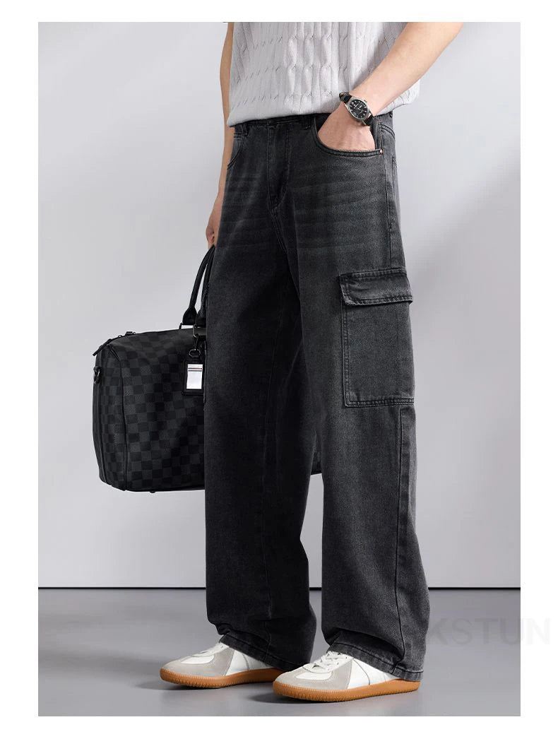 KSTUN 2026 Spring Men's Loose Straight Jeans Wide Leg Vintage Grey Cargo Pants Male Streetwear Trousers Multi-pockets Designer