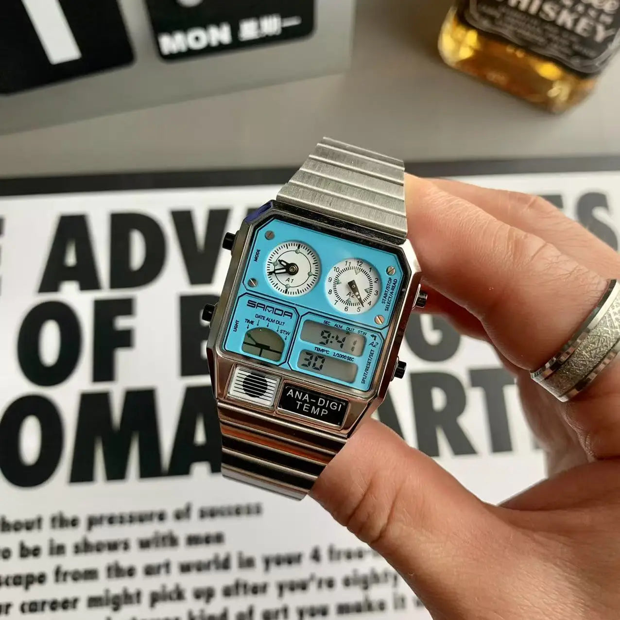 Retro Square Watches Men's Multifunctional Outdoor Sports Ultra-thin Steel Waterproof Alarm Clock Dual Display Electronic Watch
