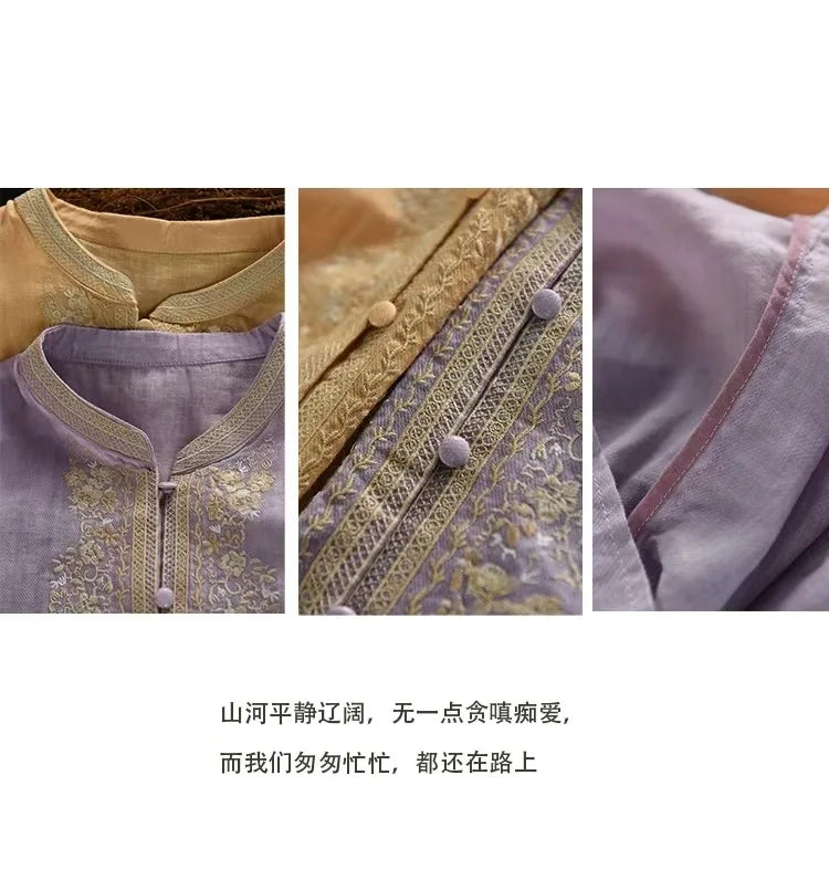 100% Linen Women Casual Shirt New 2025 Summer Vintage Style Stand Collar Floral Embroidery Loose Female Tops Shirts M1593