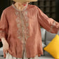 100% Linen Women Casual Shirt New 2025 Summer Vintage Style Stand Collar Floral Embroidery Loose Female Tops Shirts M1593