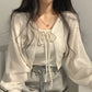 Thin White Cardigan Women Summer Sunscreen Lace-up Knitwear Tops Lady Korean Style Casual Lantern Sleeve Short Sun Protected Top