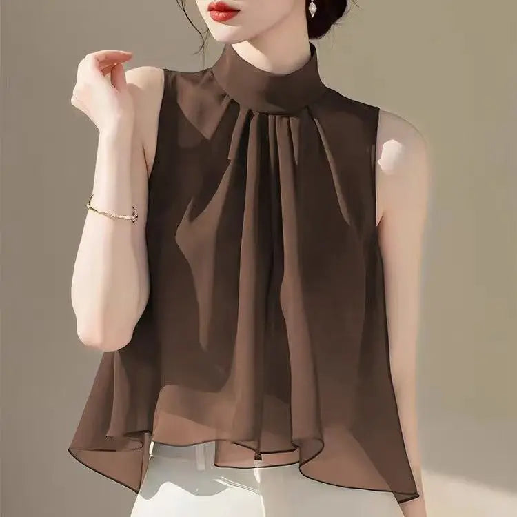French Style Summer Vest Tops For Women Sleeveless Chiffon Blouse Stand Collar Gradient Color Casual Loose Shirt