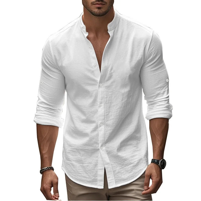 Men's Cotton Linen Long Sleeve Button Down Shirt European American Plus Size Henry Collar Casual Breathable Tops