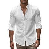 Men's Cotton Linen Long Sleeve Button Down Shirt European American Plus Size Henry Collar Casual Breathable Tops