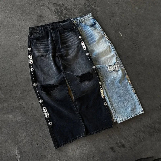 Gothic Diamond Punk Hip Hop Men's Slim Jeans Damaged Destroyed Hole Baggy Denim Long Trouser Pants Y2k Streetwear Ripped Jeans