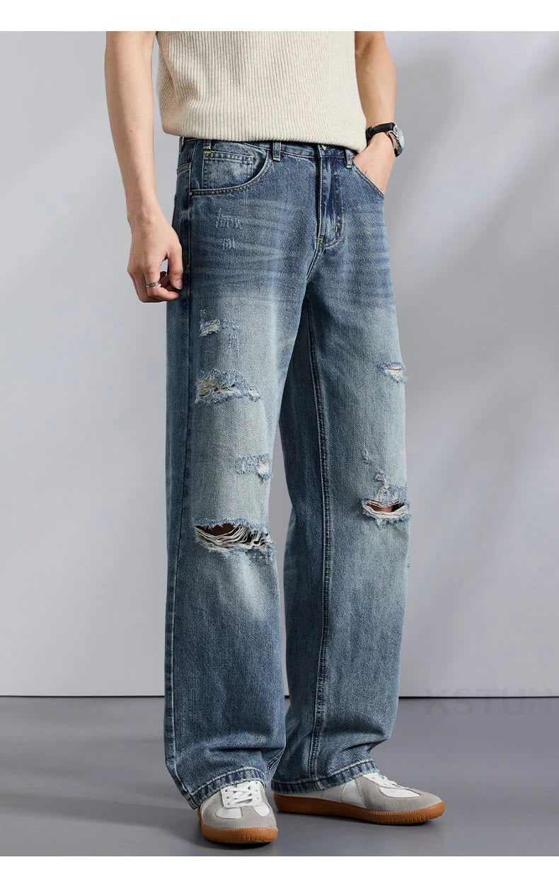 KSTUN 2026 Summer Distressed Jeans For Men Wide-leg Ripped Baggy Pants Loose Straight Vintage Streetwear Hip hop Motocycle Jeans
