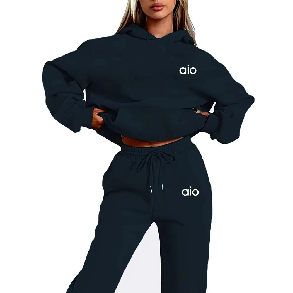 ai Printing High Quality Women Monochrome Hooded Hoodie Set Casual Two-Piece Set New Fashion Hot Selling