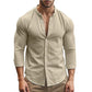 Men's Cotton Linen Long Sleeve Button Down Shirt European American Plus Size Henry Collar Casual Breathable Tops