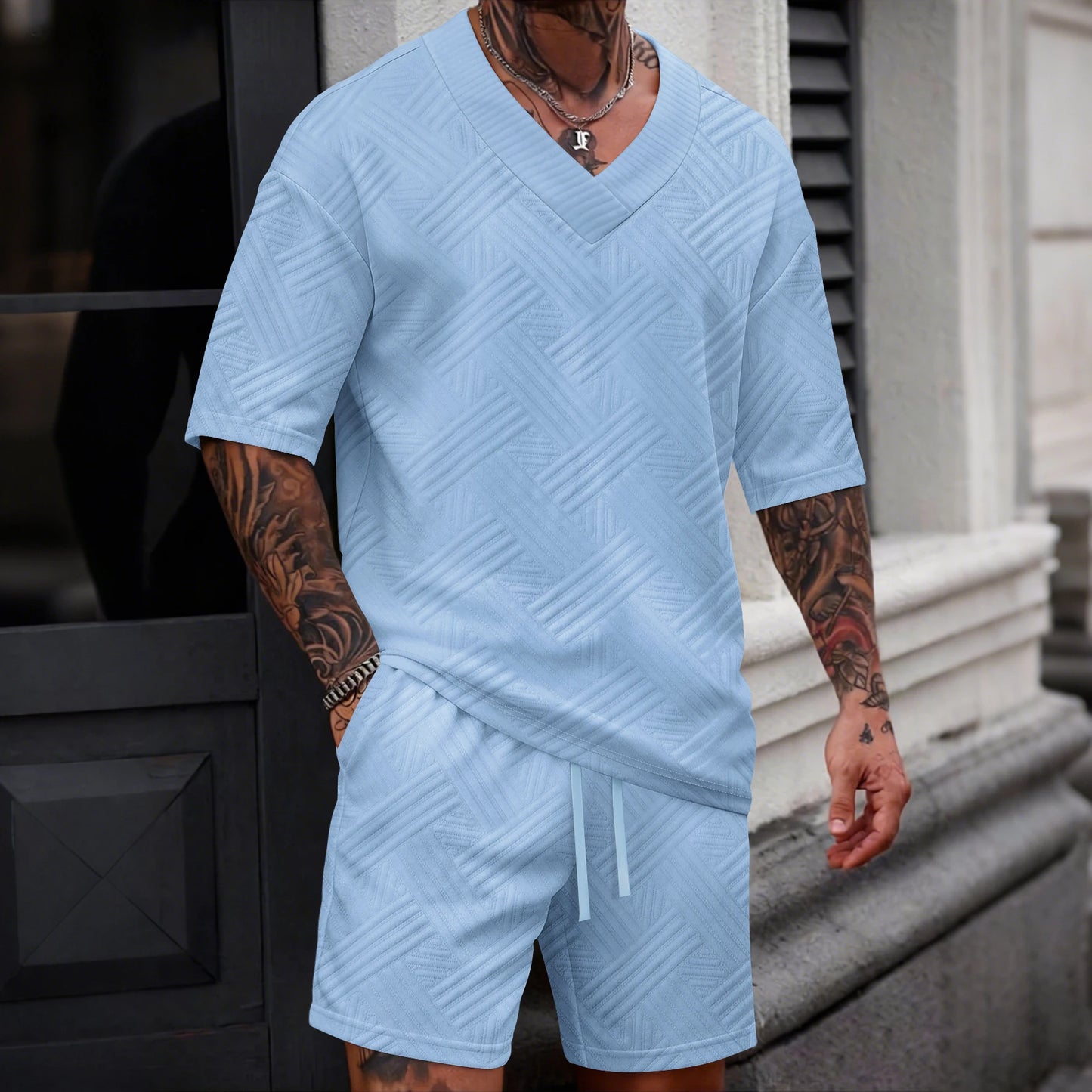 2026 Men's Summer Geometric Textured 2 Piece Set V-Neck Short Sleeve T-Shirt & Drawstring Shorts Shirt Set