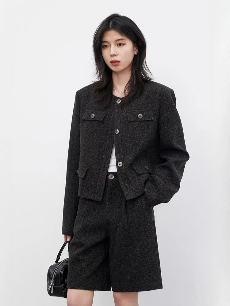CHIC VEN Fashion Women Woolen Short Coat New Slim Ladies Jacket Female High Waist Middle Pants Sets Spring Autumn 2026
