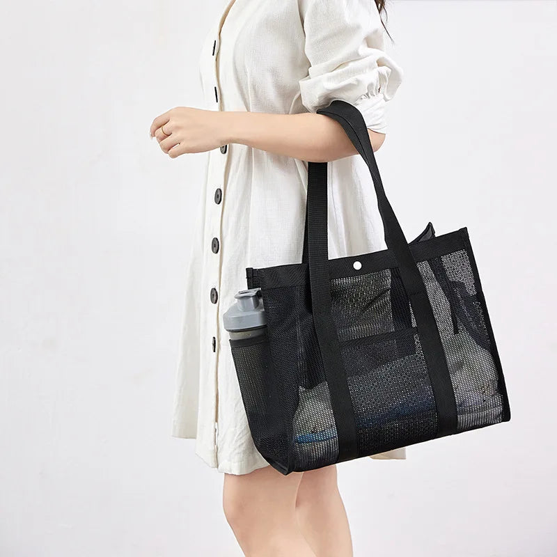 2024 New Korean Beach Bag Fashion Mesh Hollow Fitness Shoulder Bag Leisure Swimming Bag Travel Storage Washbag