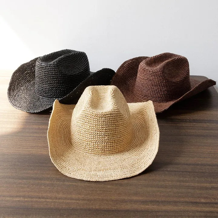 USPOP Hand-crocheted Natural Raffia Straw Cowboy Hat for Women Men Summer Wide Brim Sun Hat Outdoor Breathable Beach Caps