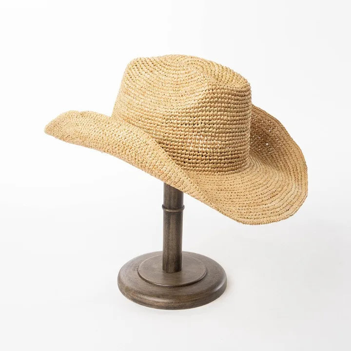 USPOP Hand-crocheted Natural Raffia Straw Cowboy Hat for Women Men Summer Wide Brim Sun Hat Outdoor Breathable Beach Caps