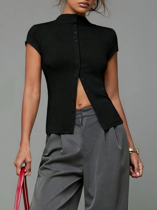 Women's fashionable knitted turtleneck top, slim and comfortable four-season short-sleeved cardigan, can be worn as a base layer