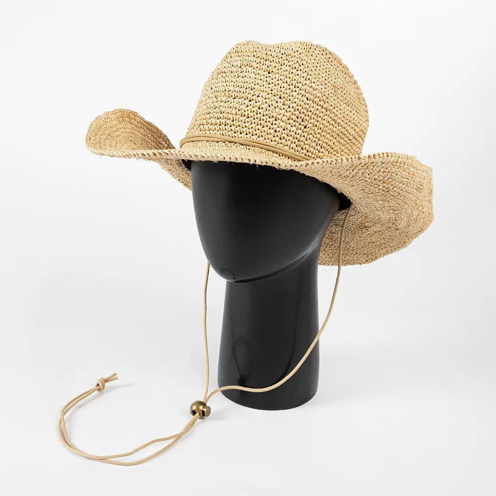 USPOP Hand-crocheted Natural Raffia Straw Cowboy Hat for Women Men Summer Wide Brim Sun Hat Outdoor Breathable Beach Caps