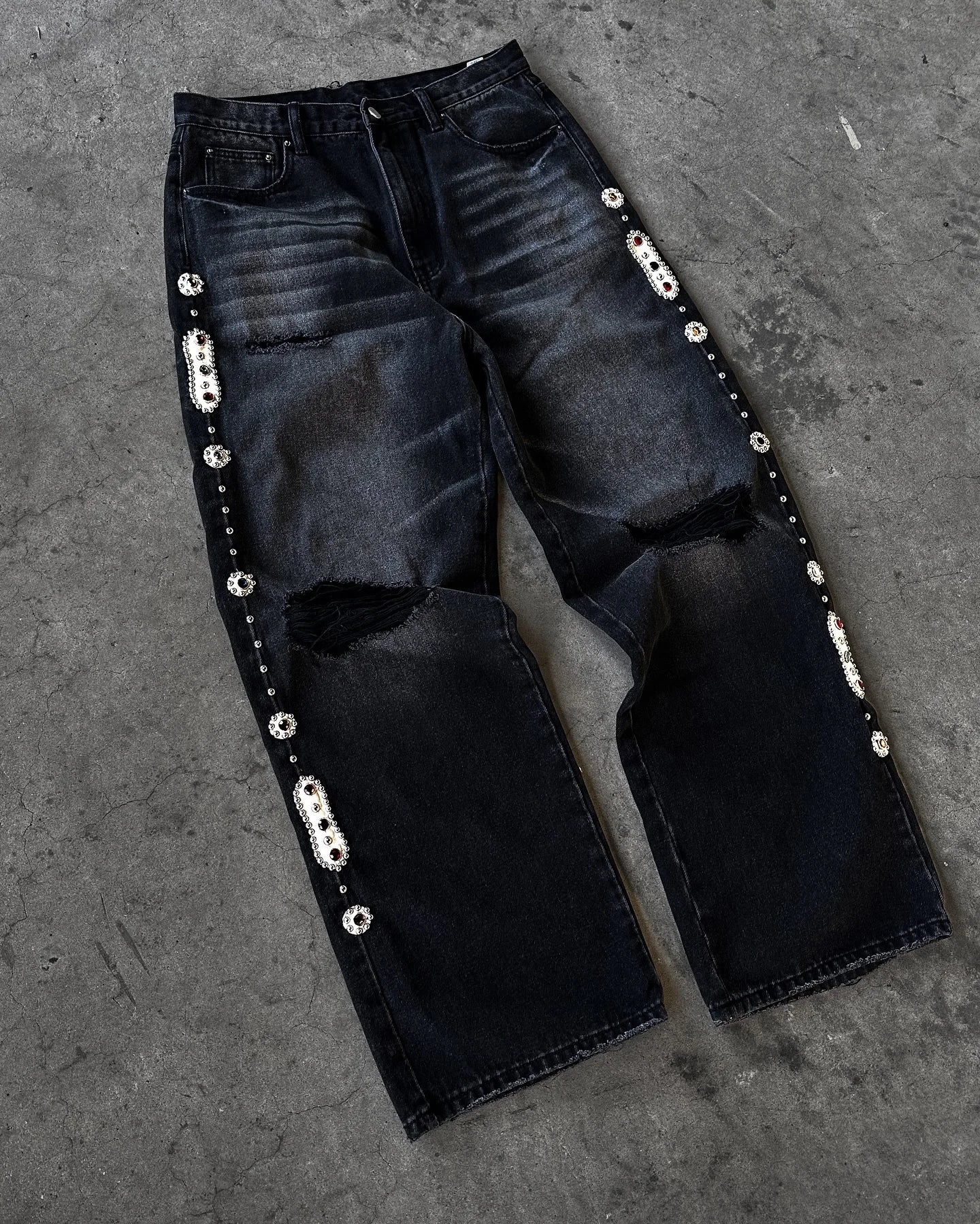 Gothic Diamond Punk Hip Hop Men's Slim Jeans Damaged Destroyed Hole Baggy Denim Long Trouser Pants Y2k Streetwear Ripped Jeans