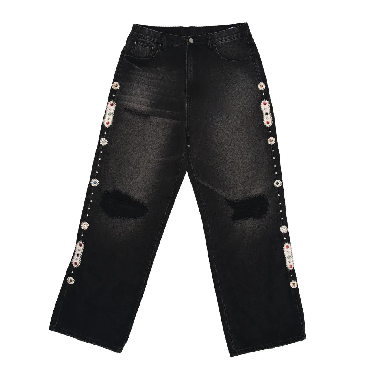 Gothic Diamond Punk Hip Hop Men's Slim Jeans Damaged Destroyed Hole Baggy Denim Long Trouser Pants Y2k Streetwear Ripped Jeans