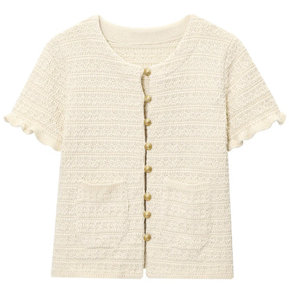 HXAO Crop Knit Cardigan For Women Summer Knitwear 2025 Women's Sweater Pink Off White O-Neck Short Sleeve Bolero Cardigan Woman