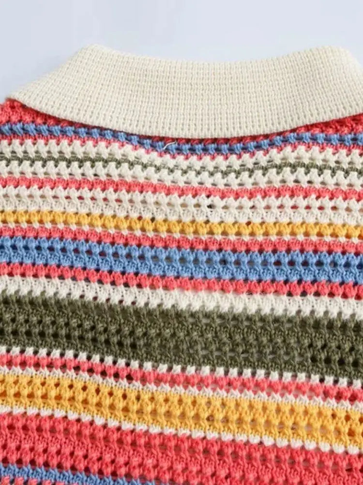 Women's Striped Crochet Knit Crop Sweater, Polo Collar, Short Sleeve, Button-up, Female Outerwear, Chic Tops, Fashion