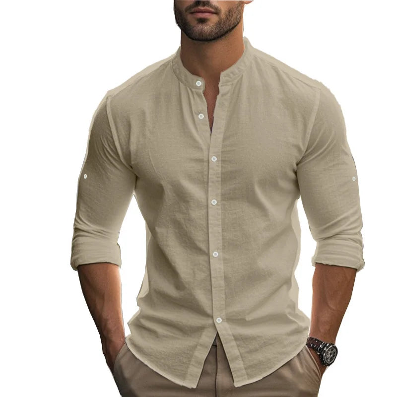 Men's Cotton Linen Long Sleeve Button Down Shirt European American Plus Size Henry Collar Casual Breathable Tops