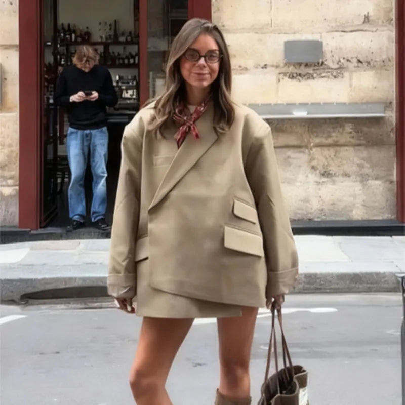 Bomber Jacket Women's Coat Oversized Blazer Lapel Diagonal Placket Asymmetrical Suit Flap Pockets Spring Woman Clothes Loose Top