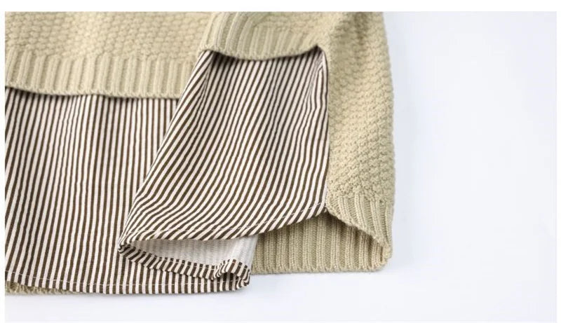 Fake Two Piece Top Knit Sweater Women's Splice Shirt Collar 2024 Spring Autumn New Korean Loose Long Sleeve Sweater Brown Shirt
