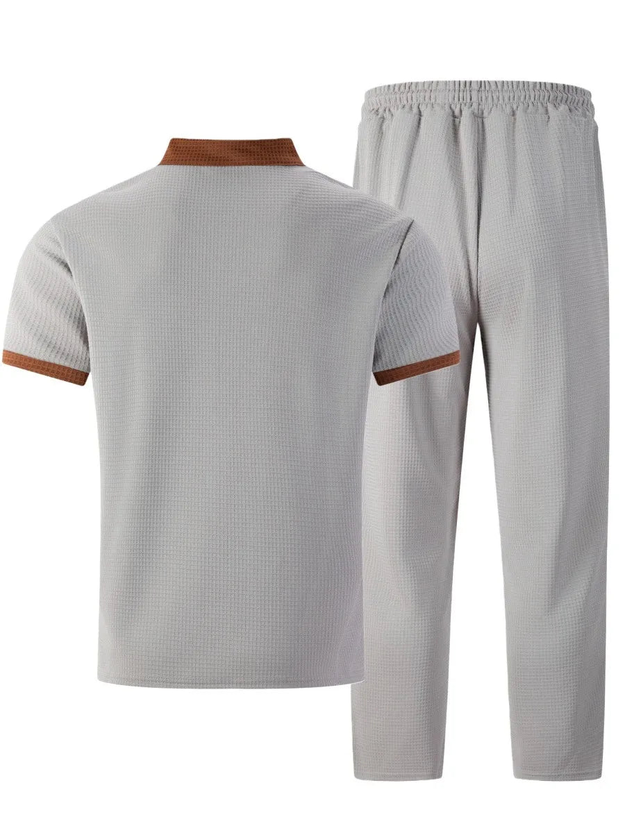 Men's Waffle Knit Stand Collar T Shirt and Pants Set Color Block Casual Streetwear Summer Tracksuit