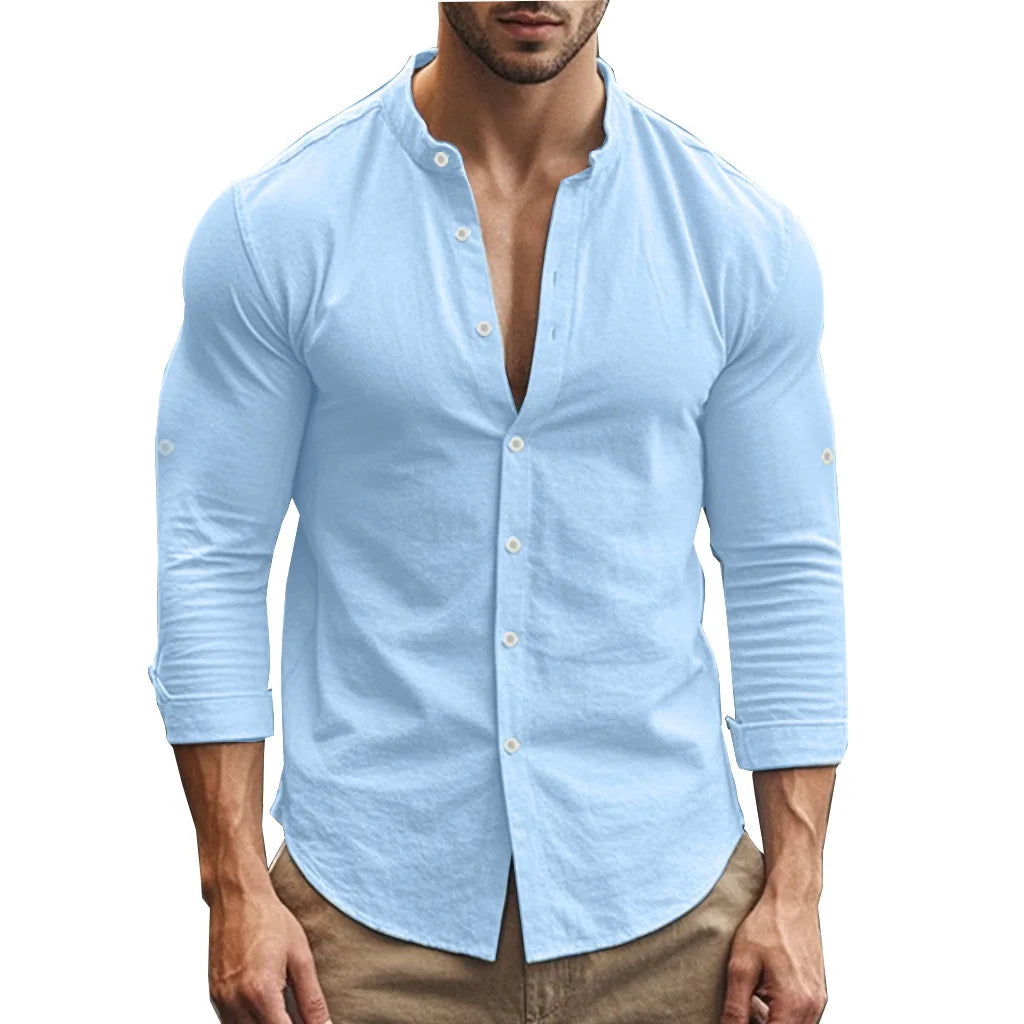 Men's Cotton Linen Long Sleeve Button Down Shirt European American Plus Size Henry Collar Casual Breathable Tops