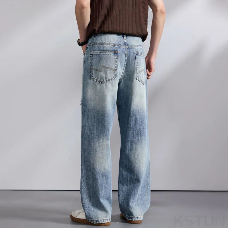 KSTUN 2026 Summer Wide Leg Jeans Men Baggy Pants Loose Fit Ripped Jeans Distressed Washed Vintage Frayed Light Blue Man Trousers