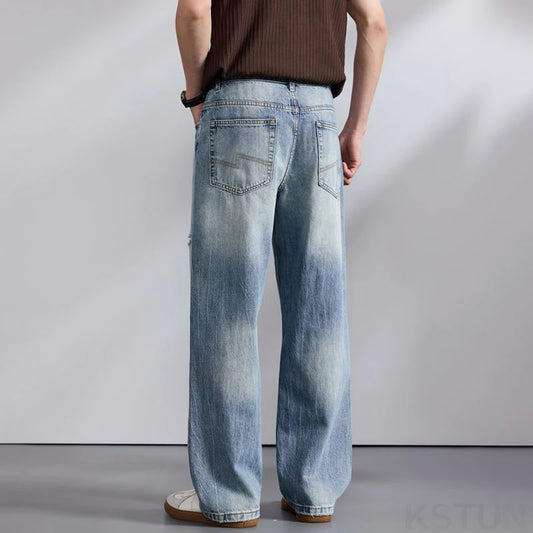KSTUN 2026 Summer Wide Leg Jeans Men Baggy Pants Loose Fit Ripped Jeans Distressed Washed Vintage Frayed Light Blue Man Trousers