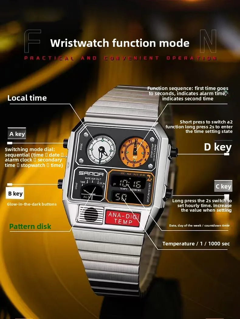 Retro Square Watches Men's Multifunctional Outdoor Sports Ultra-thin Steel Waterproof Alarm Clock Dual Display Electronic Watch