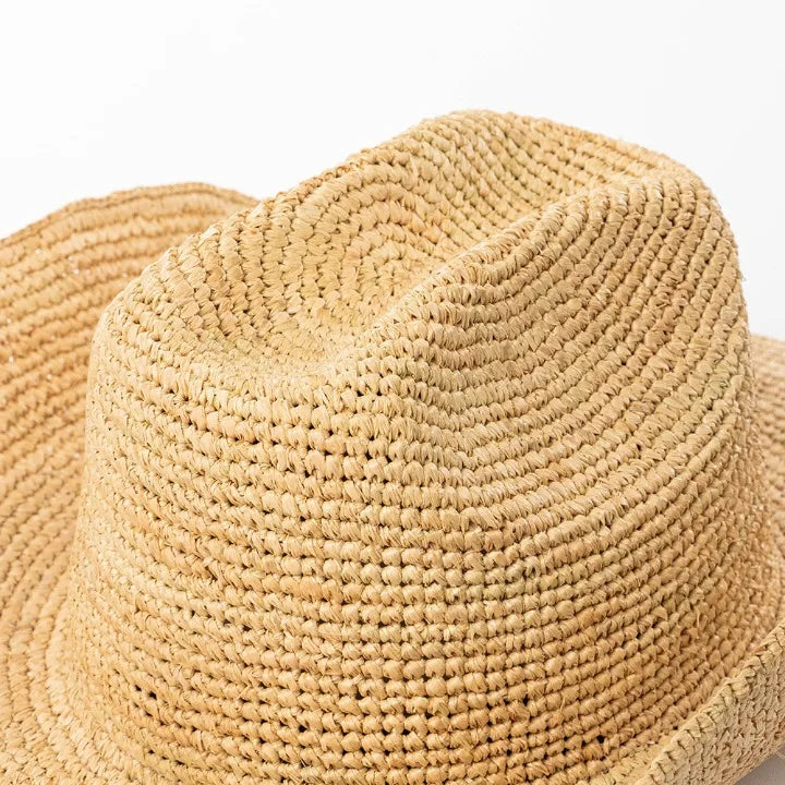 USPOP Hand-crocheted Natural Raffia Straw Cowboy Hat for Women Men Summer Wide Brim Sun Hat Outdoor Breathable Beach Caps