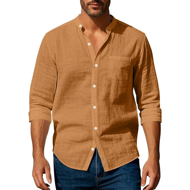 2026 Spring Summer New Mens Slim Fit Solid Color Long Sleeve Shirt Cotton Linen Casual Top Breathable ventilate absorb sweat