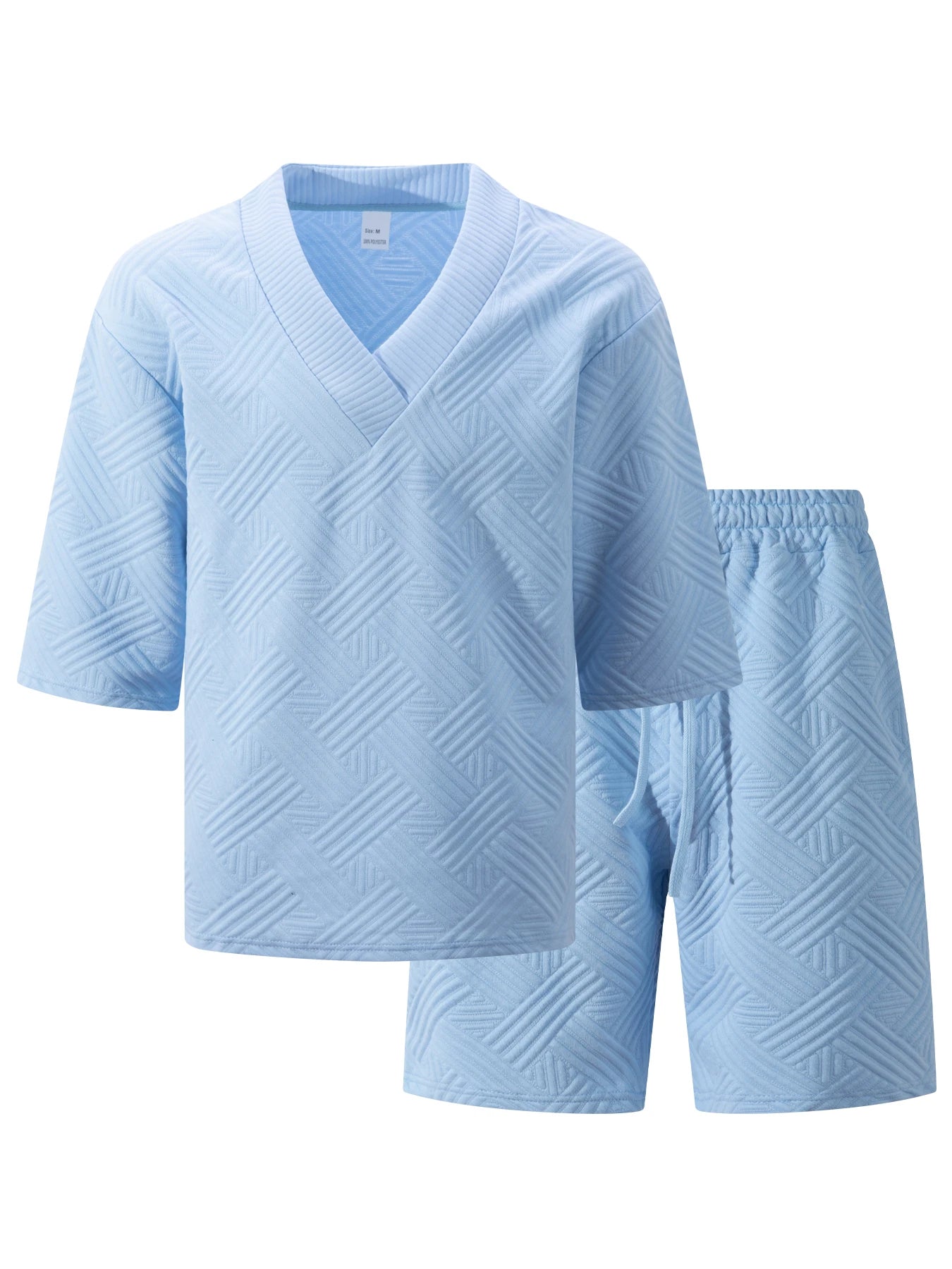 2026 Men's Summer Geometric Textured 2 Piece Set V-Neck Short Sleeve T-Shirt & Drawstring Shorts Shirt Set