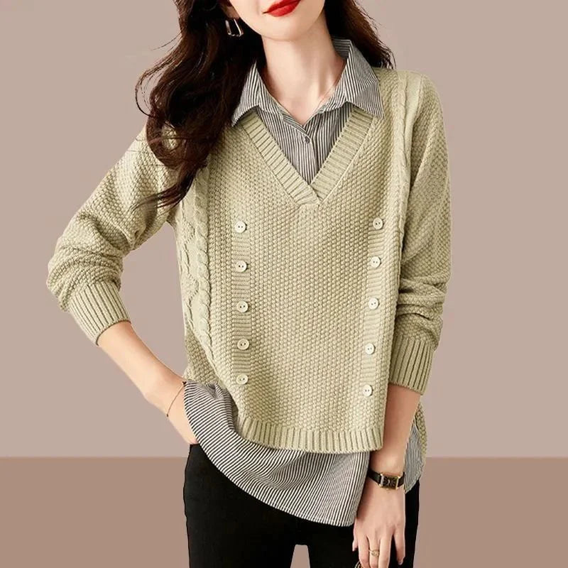 Fake Two Piece Top Knit Sweater Women's Splice Shirt Collar 2024 Spring Autumn New Korean Loose Long Sleeve Sweater Brown Shirt