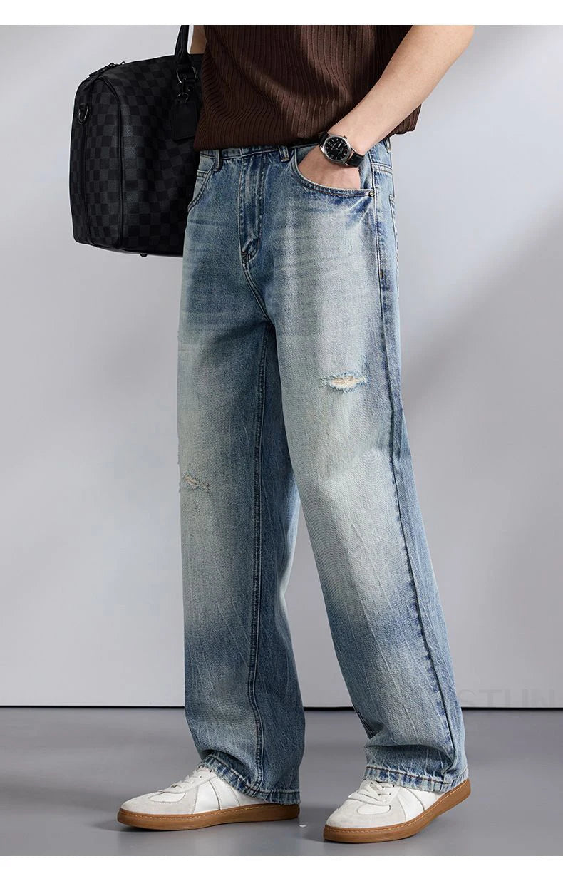 KSTUN 2026 Summer Wide Leg Jeans Men Baggy Pants Loose Fit Ripped Jeans Distressed Washed Vintage Frayed Light Blue Man Trousers