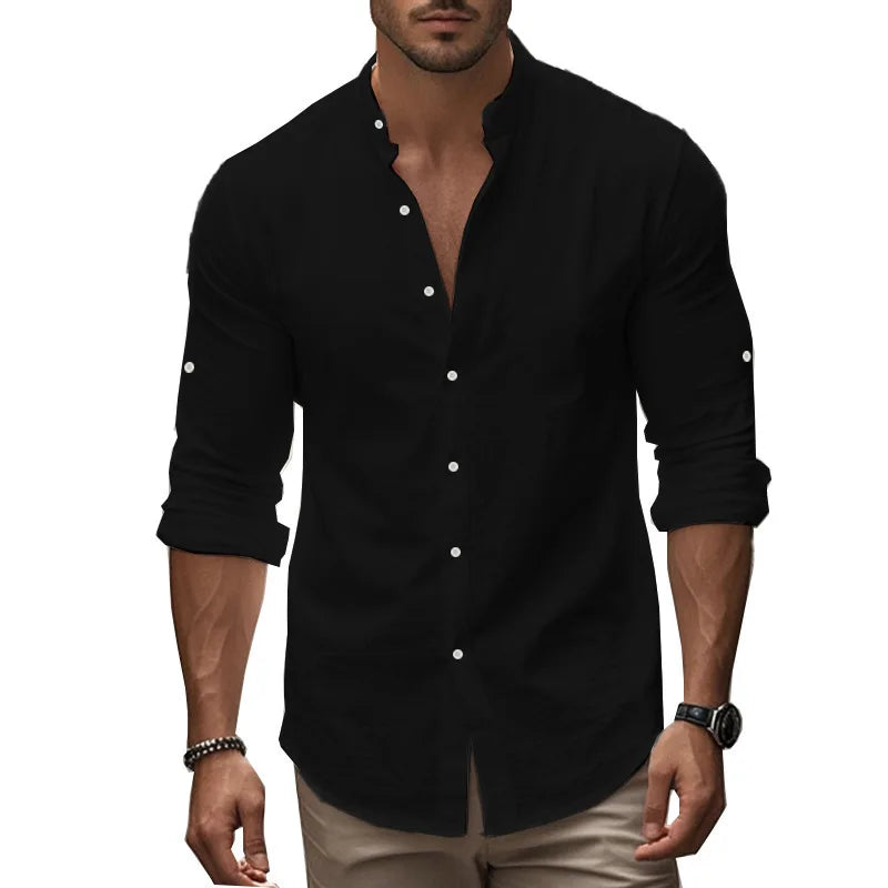 Men's Cotton Linen Long Sleeve Button Down Shirt European American Plus Size Henry Collar Casual Breathable Tops