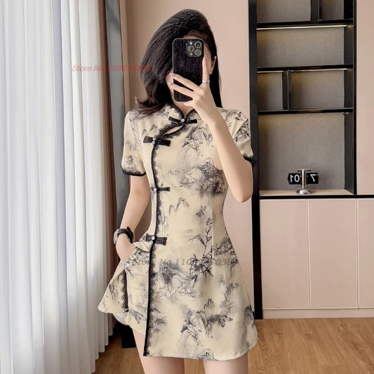 2026 chinese sexy nightclub dress improved cheongsam flower print qipao dress+shorts set hotel spa work dress beauty uniform