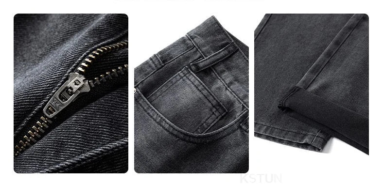 KSTUN 2026 Spring Men's Loose Straight Jeans Wide Leg Vintage Grey Cargo Pants Male Streetwear Trousers Multi-pockets Designer