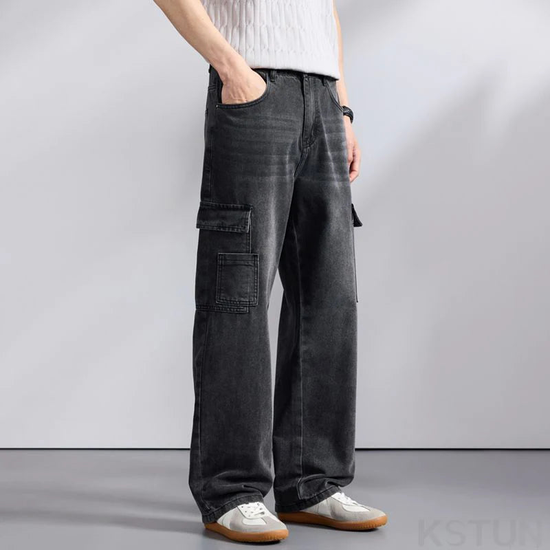 KSTUN 2026 Spring Men's Loose Straight Jeans Wide Leg Vintage Grey Cargo Pants Male Streetwear Trousers Multi-pockets Designer