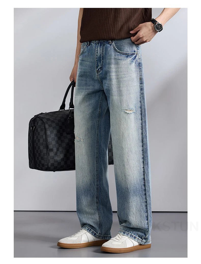 KSTUN 2026 Summer Wide Leg Jeans Men Baggy Pants Loose Fit Ripped Jeans Distressed Washed Vintage Frayed Light Blue Man Trousers