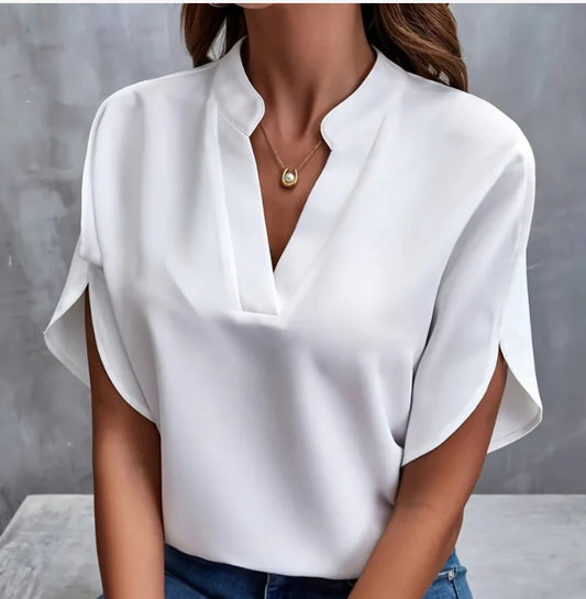 Summer Elegant Women's Blouse New V-neck Short Sleeve Solid Color Loose Shirt Casual White Tops Office Lady Blouses