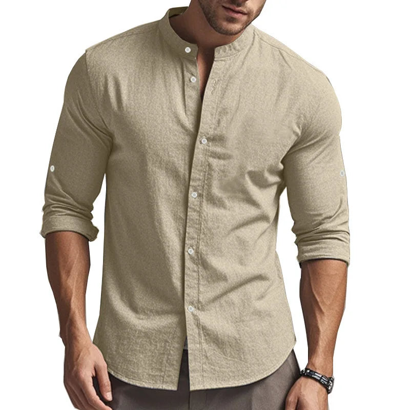 Men's Cotton Linen Long Sleeve Button Down Shirt European American Plus Size Henry Collar Casual Breathable Tops